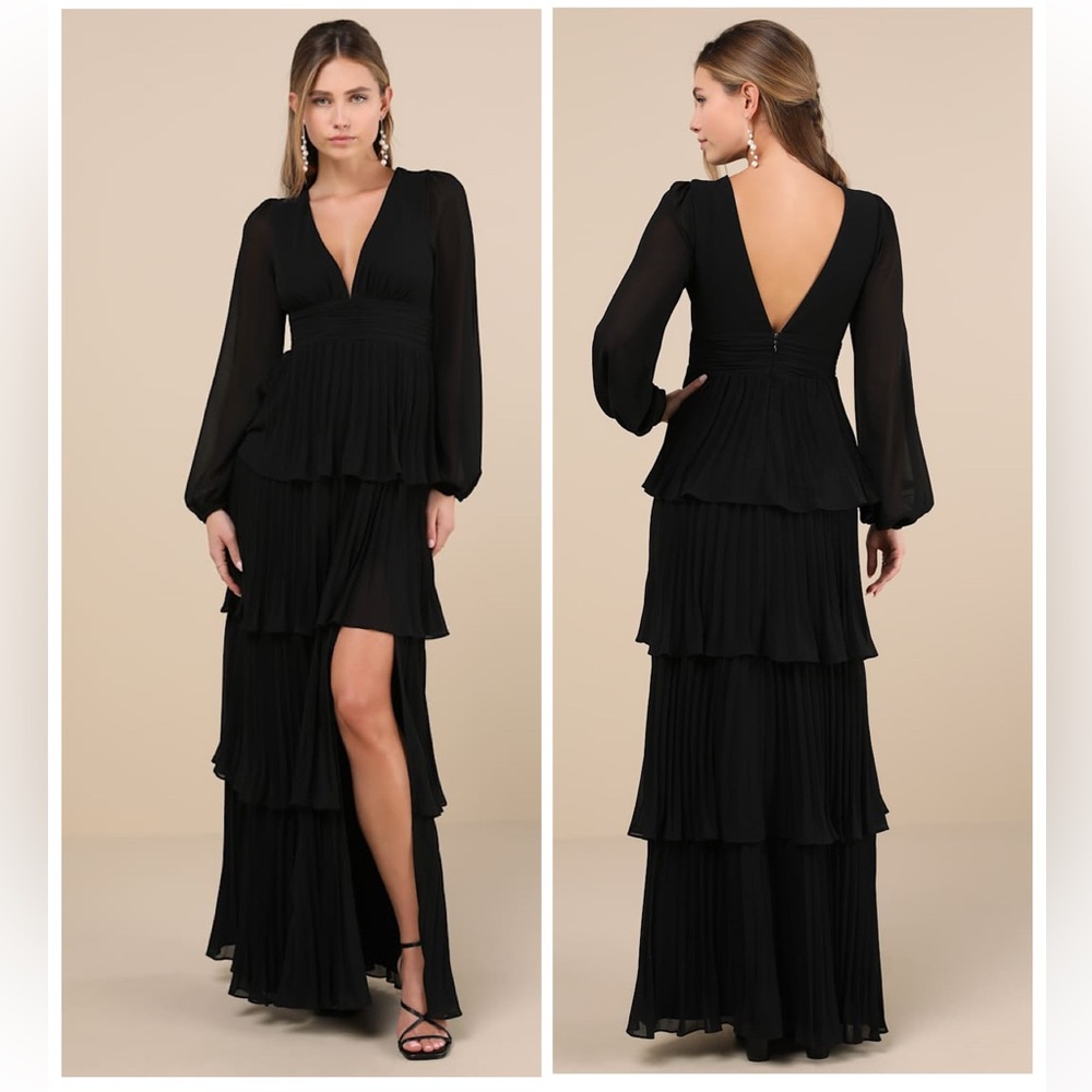Lulus Graceful Finesse Black Pleated Long Sleeve Maxi Dress Size small Formal